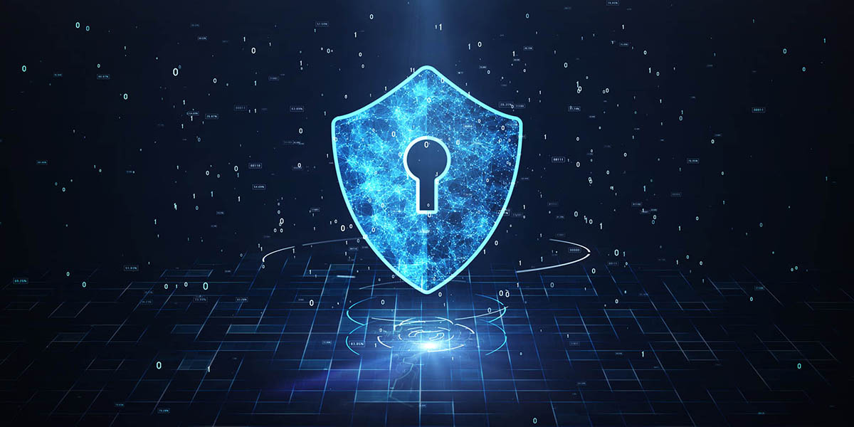 Big Data Protection Cyber Security Concept With Shield Icon In Cyber Space.Cyber Attack Protection For Worldwide Connections, Block chain. Digital Big Data Stream Analysis.